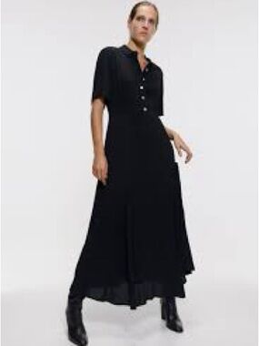 Zara Black Button-Front Maxi Dress with Short Sleeves